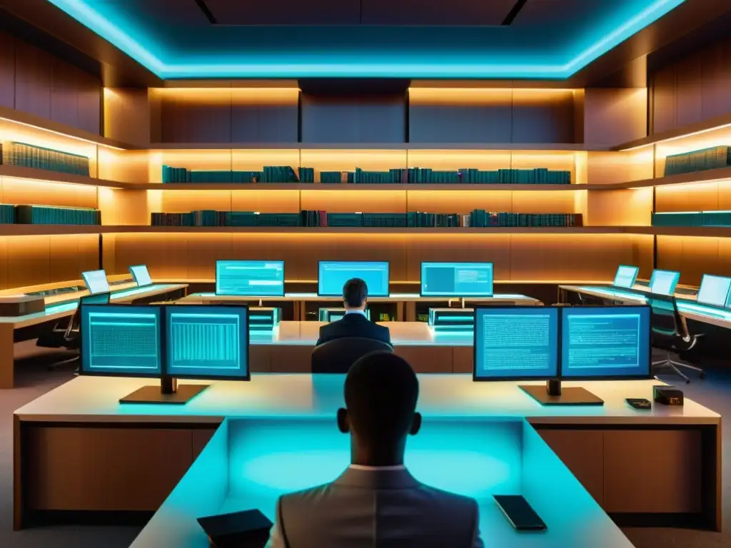 Estudio de impuestos futurista: experto en acción Experto en legislación fiscal estudiando en una biblioteca futurista llena de libros holográficos y pantallas digitales