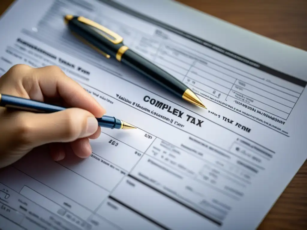 Detalle experto: Llenado preciso del IVA Un experto llena con precisión y atención un complejo formulario de IVA, resaltando la meticulosidad en la gestión del IVA