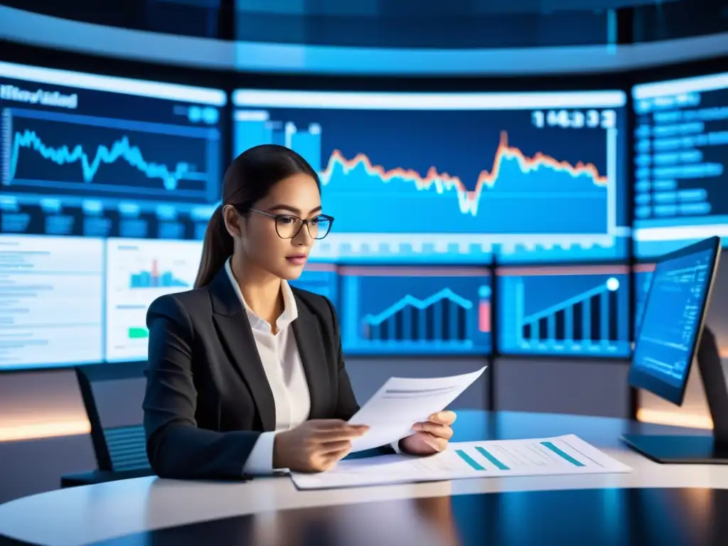 Contador experto en IVA analiza detalladamente Experto en IVA revisando minuciosos detalles en documentación, rodeado de pantallas con datos financieros
