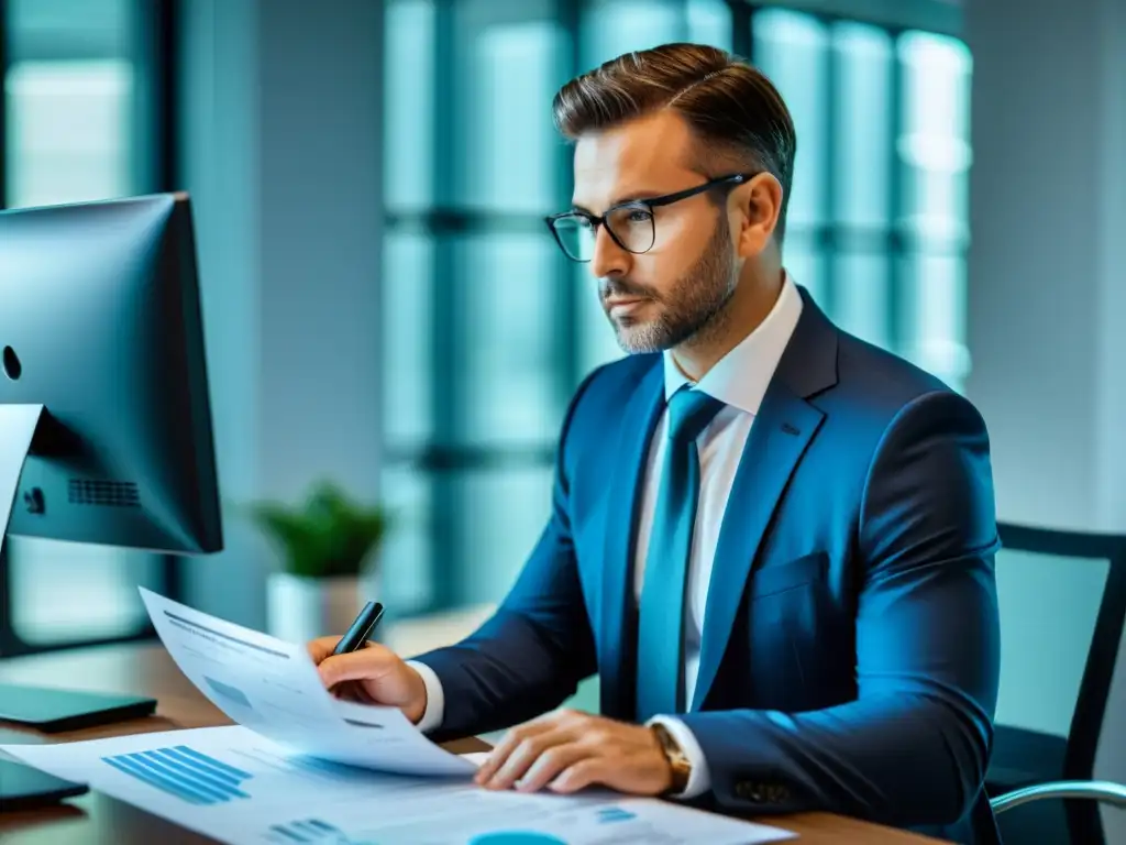Experto en Cumplimiento Tributario Revisando Documentos Un experto en compliance tributario revisa documentos financieros en una oficina moderna y sofisticada