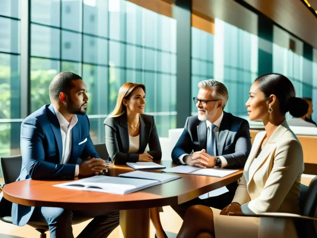Reunión de expertos legales y financieros en oficina moderna en Colombia Expertos en fiscalidad y asesores financieros discuten en una oficina moderna en Colombia