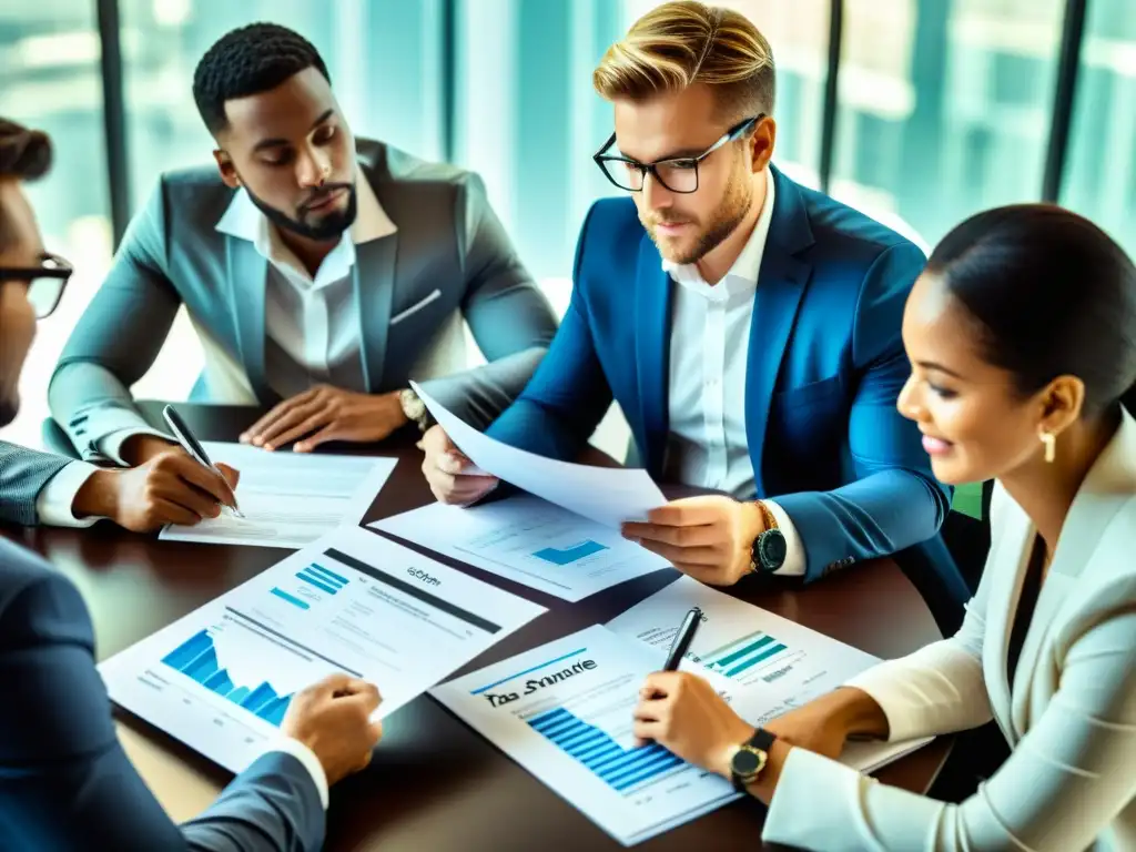 Expatriados expertos planificando impuestos con tecnología moderna Expertos en impuestos expatriados debaten estrategias en un entorno profesional y colaborativo, usando tecnología moderna y gráficos para navegar el sistema tributario estadounidense