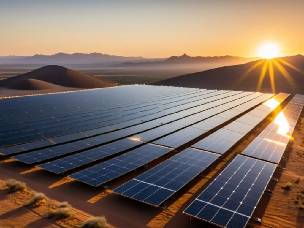 Array solar en desierto mexicano al atardecer Un extenso campo de paneles solares en el desierto de México, iluminado por el sol poniente