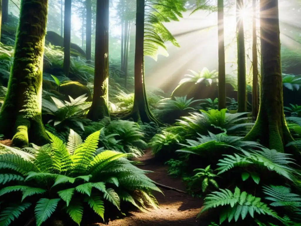 Bosque exuberante: belleza natural y conservación ambiental Un exuberante bosque verde con luz solar filtrándose a través del dosel, creando sombras moteadas en el suelo del bosque