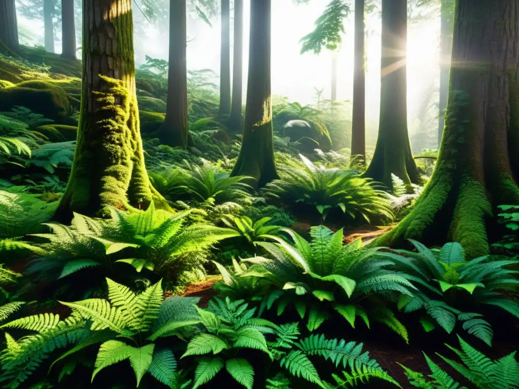 Bosque exuberante: luz solar entre la vegetación Un exuberante bosque vibrante con luz solar filtrándose a través del dosel, creando sombras moteadas en el suelo del bosque