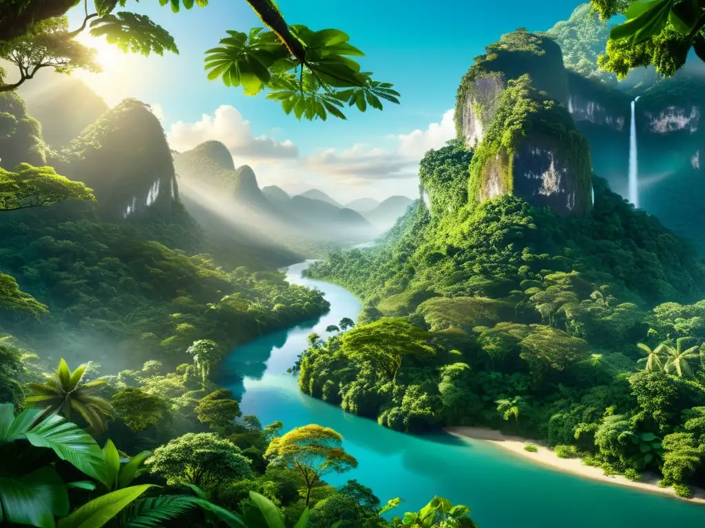 Esplendor verde de la selva: río cristalino y vida silvestre Un exuberante dosel de selva lluviosa, con diversa flora y fauna, bañado por la luz del sol