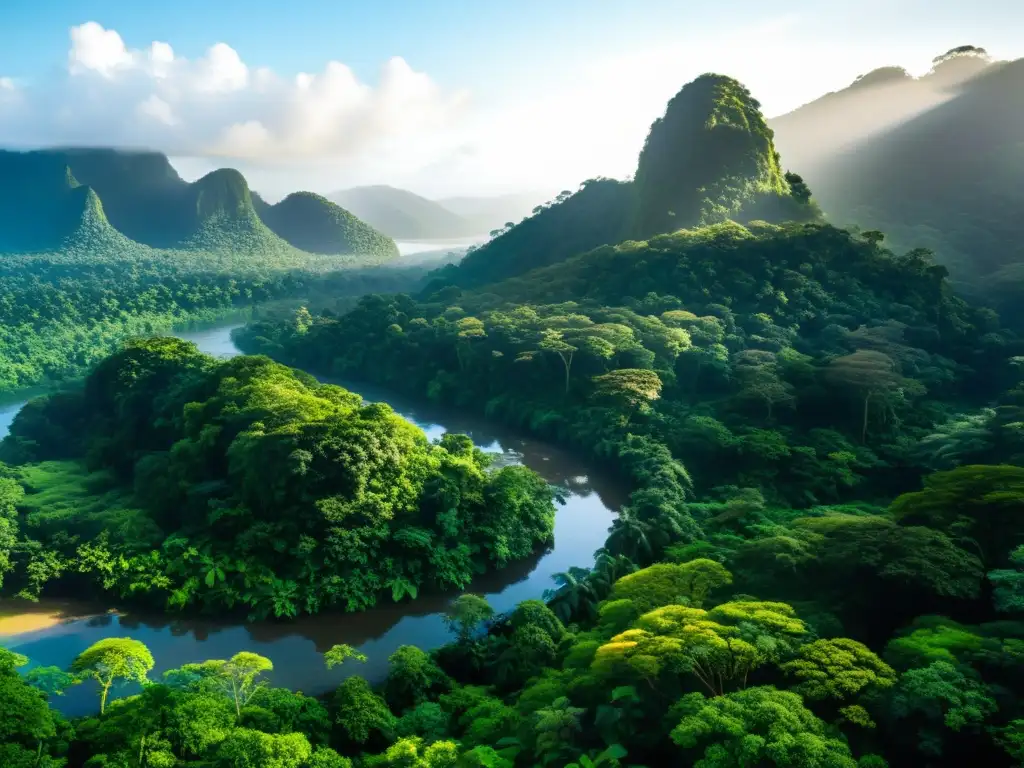 Selva exuberante: belleza natural y biodiversidad Un exuberante y frondoso bosque tropical con una diversidad de árboles, follaje vibrante y un río tranquilo