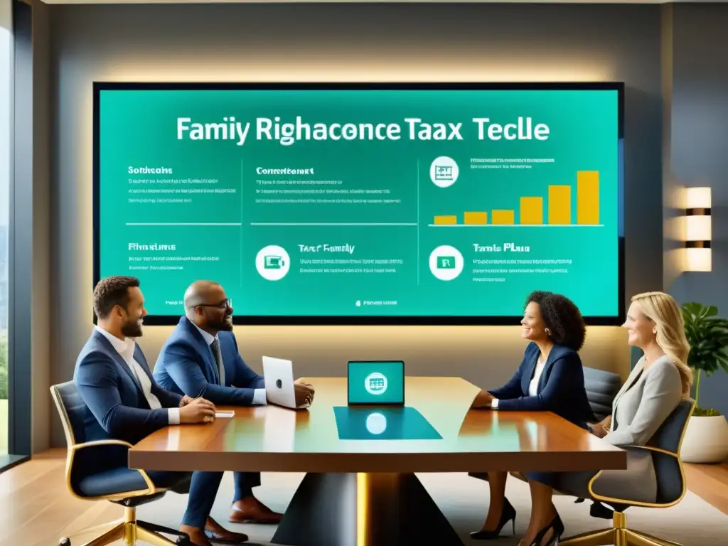 Consejo financiero en familia: estrategias de gestión patrimonial Una familia y su asesor financiero discuten estrategias de planificación fiscal para empresas familiares en una moderna sala de conferencias