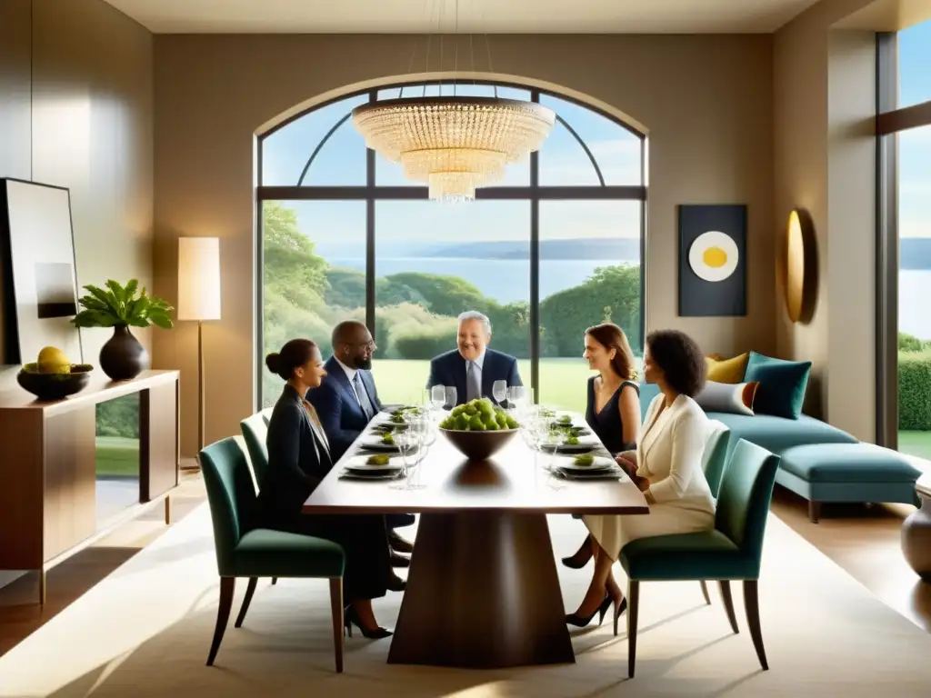Reunión familiar lujosa y armoniosa en casa moderna Una familia disfruta de una comida en un elegante comedor iluminado por el sol