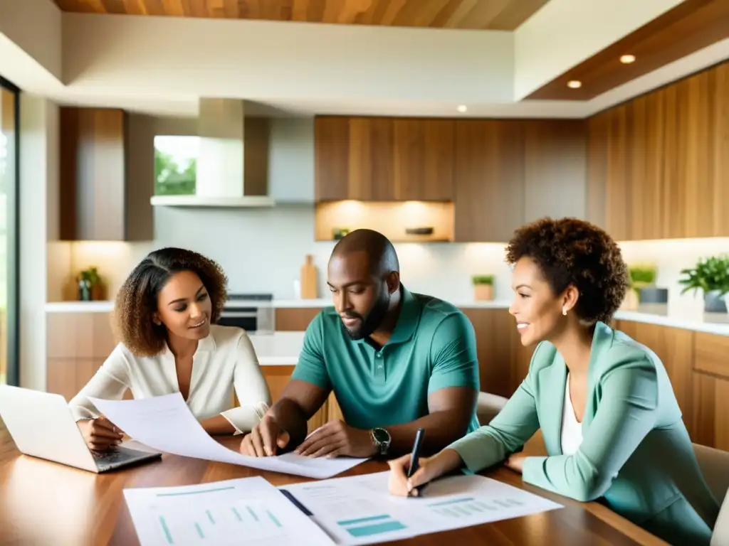 Planificación patrimonial en familia: estrategias modernas y profesionales Una familia planea el futuro en una cocina moderna y soleada, rodeada de documentos legales y activos inmobiliarios