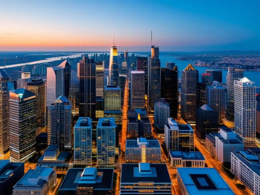 Espectacular vista aérea del atardecer en la ciudad Fascinante skyline urbano al anochecer con modernos rascacielos iluminados