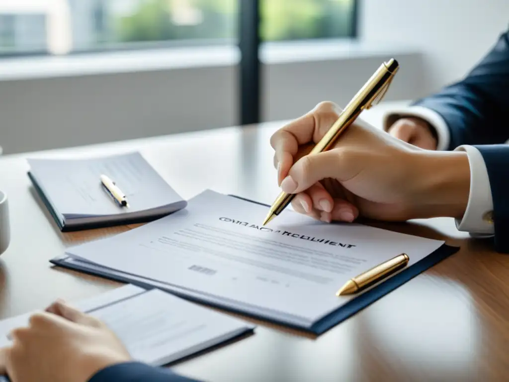 Contrato de compra-venta en oficina luminosa Firma de contrato en oficina moderna, reflejando profesionalismo y compromiso legal en compraventa inmobiliaria