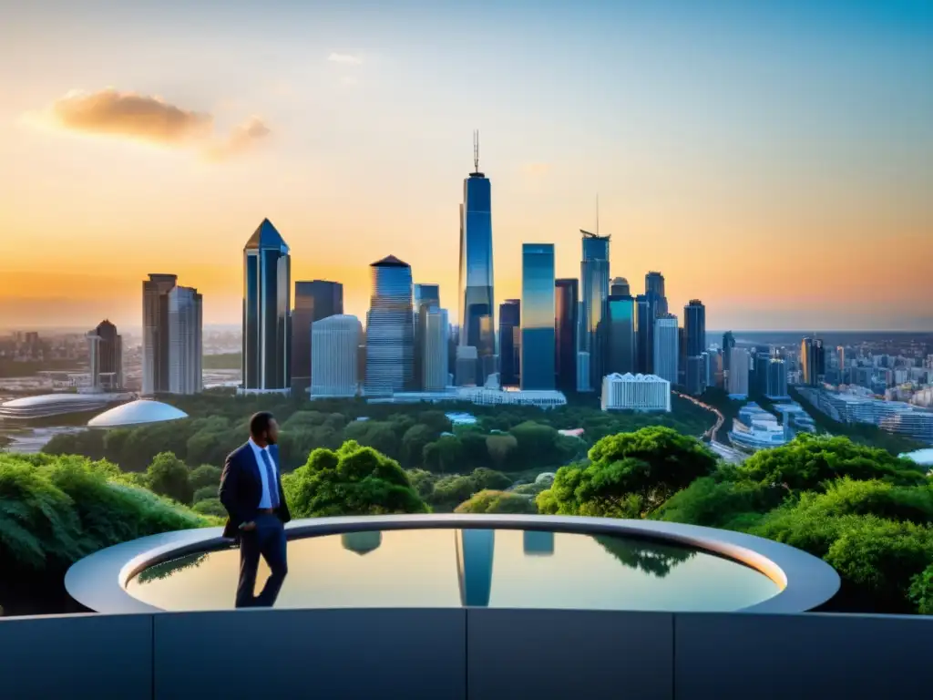 Horizonte urbano al atardecer: progreso y estrategia financiera Gestión fiscal estratégica en empresas en crecimiento: panorama de la ciudad al atardecer con modernos rascacielos y profesionales en dinámica discusión