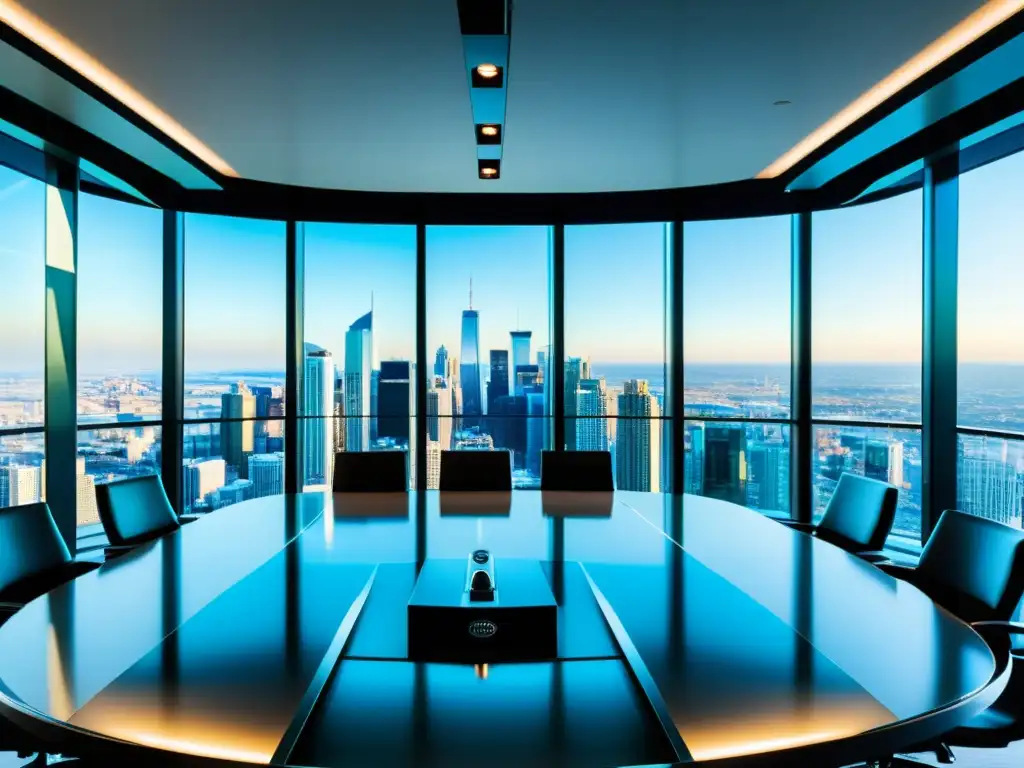 Boardroom de Alta Tecnología con Vista a la Ciudad Gestión fiscal estratégica para empresas en crecimiento: una sala de juntas moderna con mobiliario minimalista, luz natural y una impresionante vista de la ciudad a través de las paredes de cristal