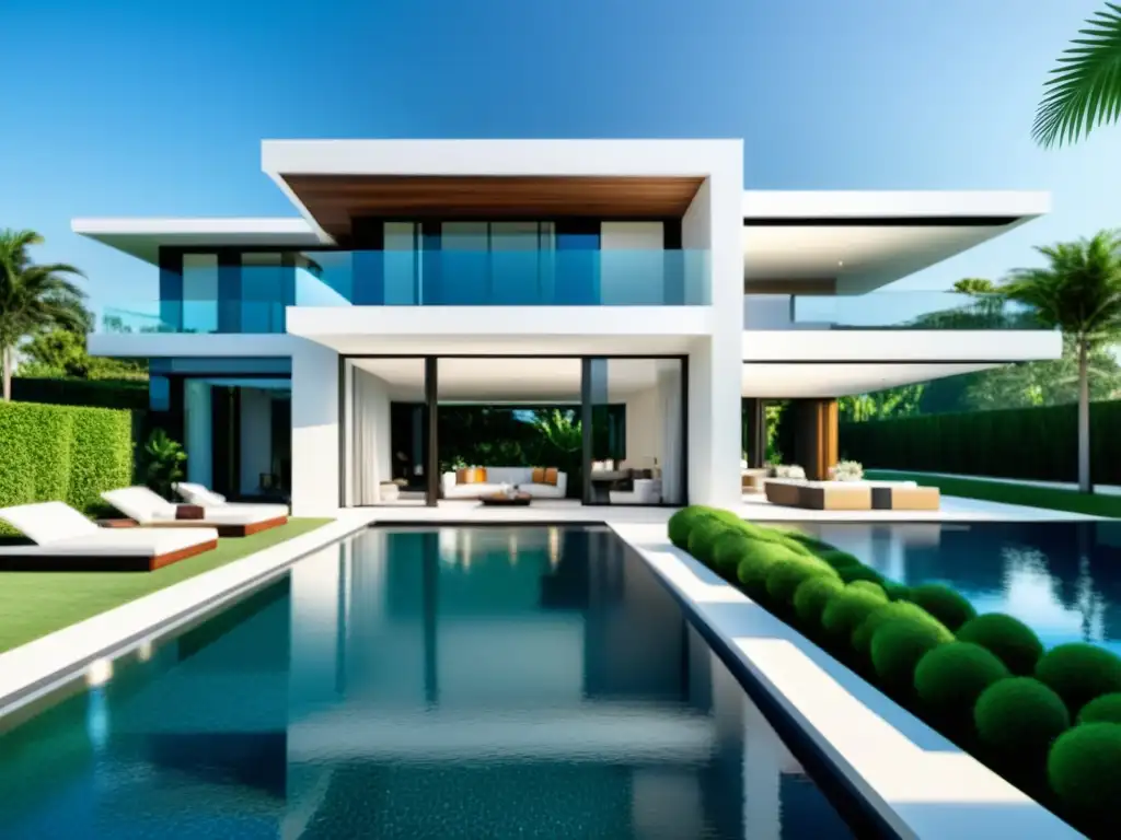 Mansión de lujo con piscina infinita y jardines exuberantes Fiscalidad bienes inmuebles lujo: Mansión moderna de lujo con ventanales, piscina infinita y jardines exuberantes, bañada en cálida luz solar