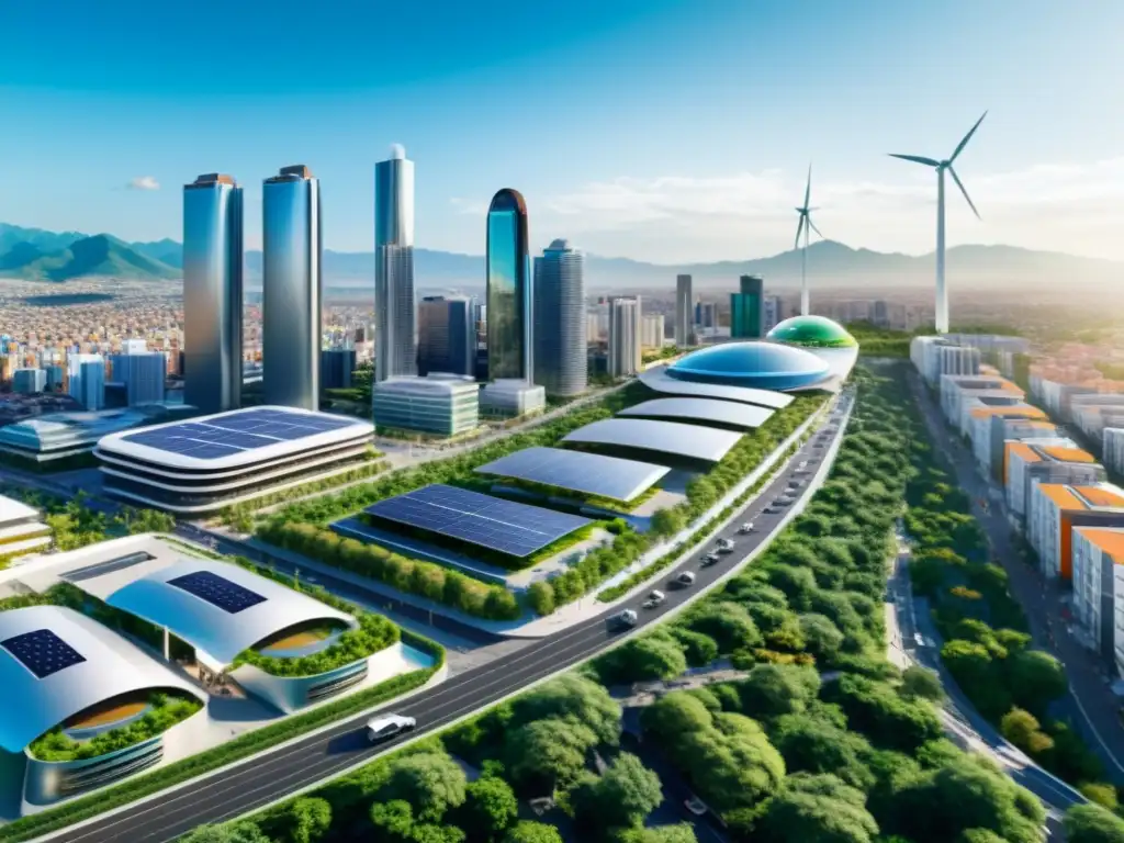 Metrópolis sostenible: panorama urbano moderno en México Fiscalidad del carbono en México: una ciudad moderna y sostenible con rascacielos, vehículos eléctricos y energía renovable
