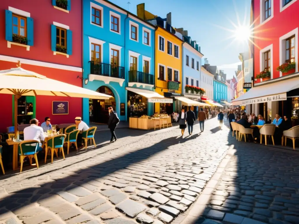Vida urbana: Calle turística llena de color y actividad Fiscalidad en el sector turístico: Una bulliciosa calle turística con coloridos edificios, terrazas y tiendas de recuerdos, donde turistas y lugareños disfrutan del ambiente vibrante