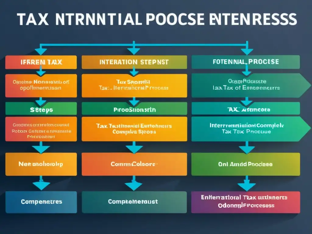 Optimización Fiscal Internacional para Emprendedores Flujo moderno y profesional de optimización fiscal para emprendedores, con diseño atractivo y pasos etiquetados