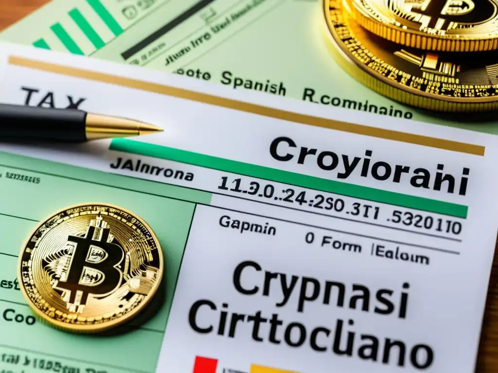 Formulario de impuestos en España para criptomonedas: detalles y regulación Formulario de impuestos español detallado con secciones destacadas sobre transacciones de criptomonedas, rodeado de iconos de monedas digitales y gráficos financieros