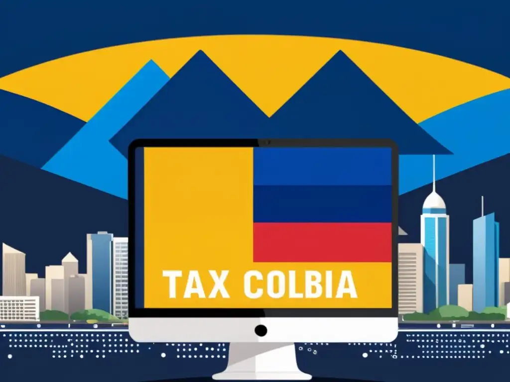 Formulario tributario digital con la bandera de Colombia y tecnología Formulario tributario digital con colores y símbolos de la bandera colombiana, rodeado de dispositivos digitales y una ciudad futurista, representando la taxación de servicios digitales en el marco colombiano
