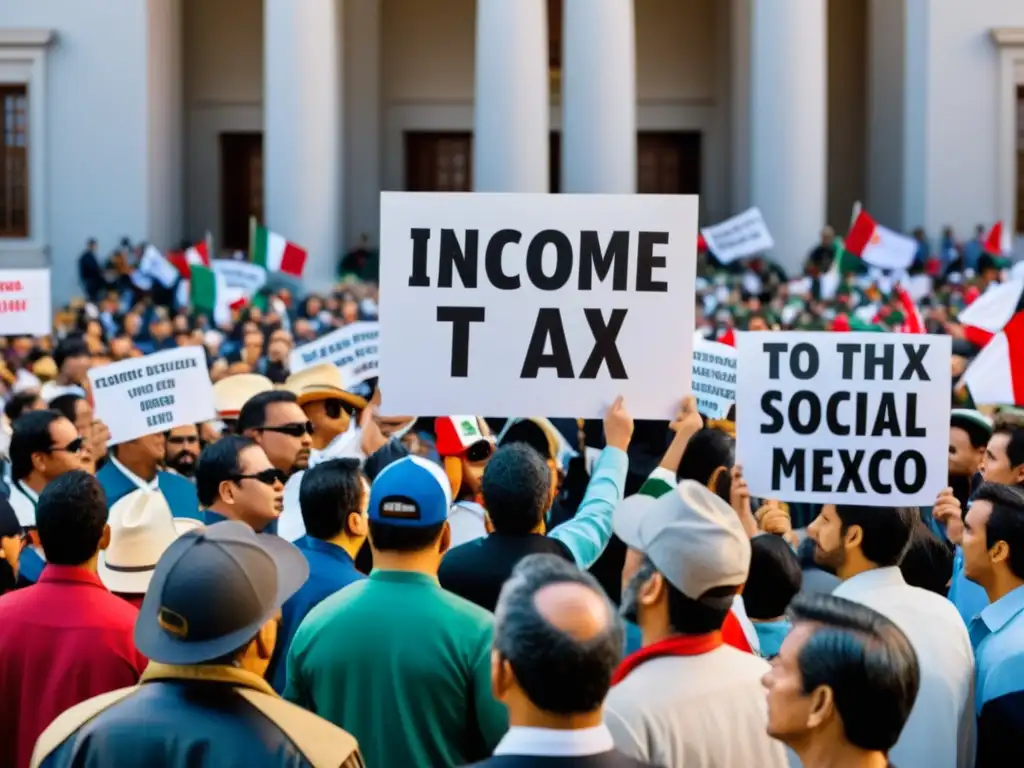 Protesta multitudinaria contra Impuesto sobre la Renta en México Manifestación frente a edificio gubernamental en México, con pancartas y banderas representando temas del Impuesto Sobre la Renta en México