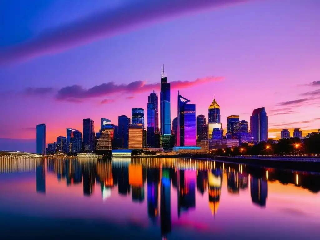 Horizonte urbano vibrante: fusión de luces y agua Fusiones y adquisiciones consideraciones fiscales: Impresionante ciudad moderna al atardecer con rascacielos iluminados y reflejados en el río
