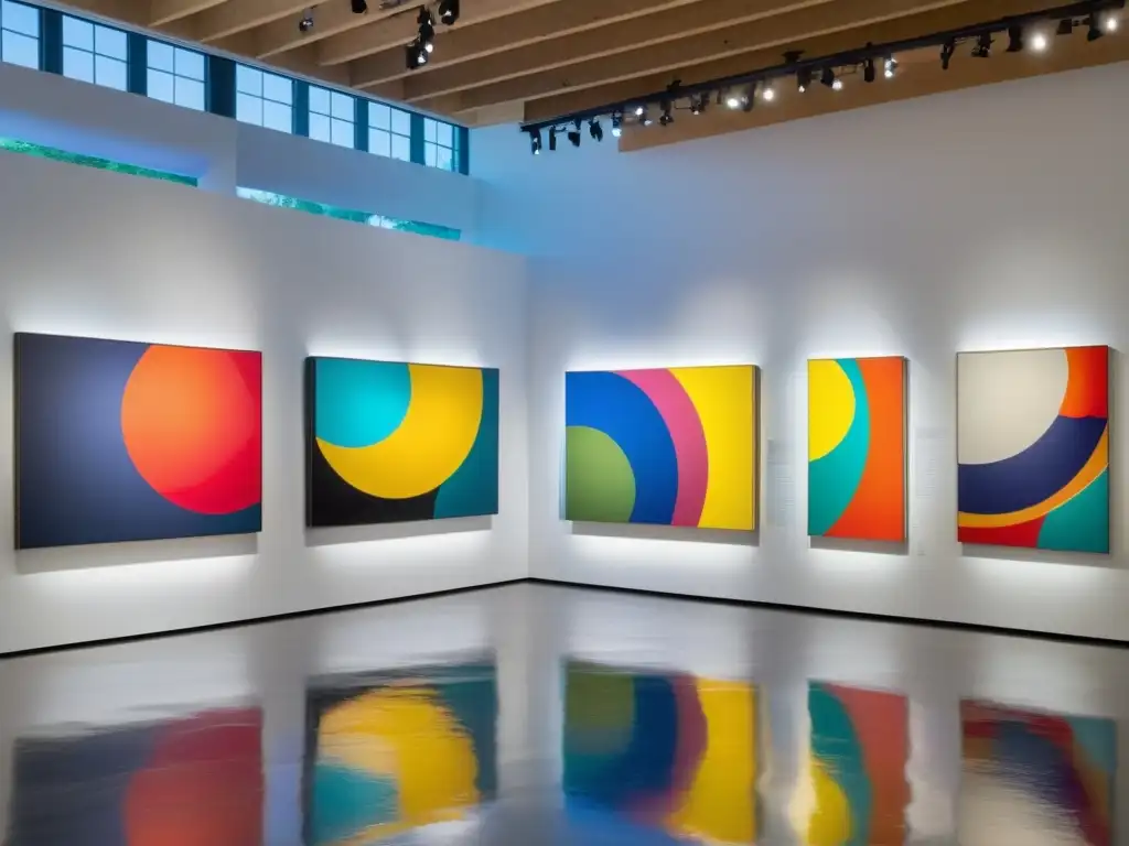 Galera de arte vibrante: pinturas y esculturas en colores vivos Una galería de arte moderno y vibrante llena de pinturas abstractas y esculturas coloridas