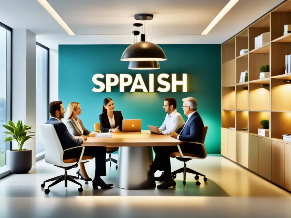 Negocio familiar en España: generaciones colaborativas Generaciones de una empresa familiar española trabajando juntas en una oficina moderna, discutiendo documentos financieros y regulaciones fiscales