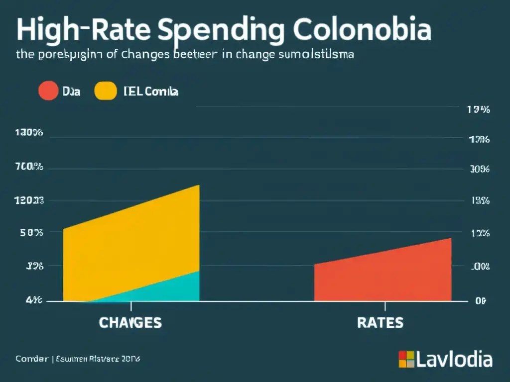 Implicaciones del IVA en el consumo en Colombia Gráfica de alta resolución con correlación entre IVA y gasto del consumidor en Colombia, con diseño moderno y colores vibrantes