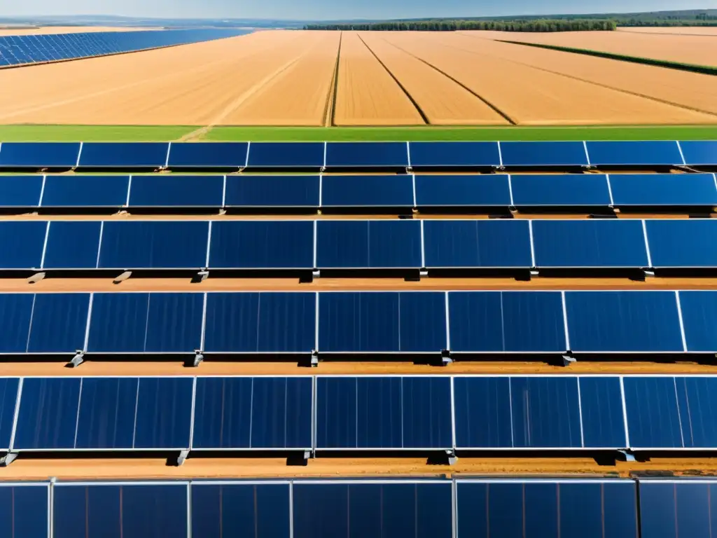 Granja solar moderna: energía limpia y sostenible Una granja solar moderna y eficiente capturando la energía del sol, simbolizando prácticas sostenibles y la planeación fiscal para empresas energéticas