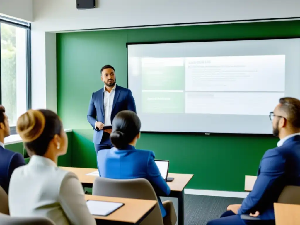 Fiscalidad inmobiliaria: Agentes inmobiliarios aprendiendo con experto Grupo de agentes inmobiliarios atentos escuchando al experto en fiscalidad sector inmobiliario en una moderna aula llena de luz natural