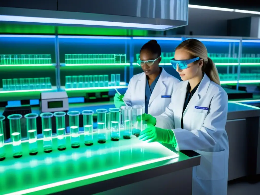 Investigación innovadora en biotecnología sostenible Grupo de científicos en laboratorio de biotecnología, realizando experimentos bajo luces fluorescentes