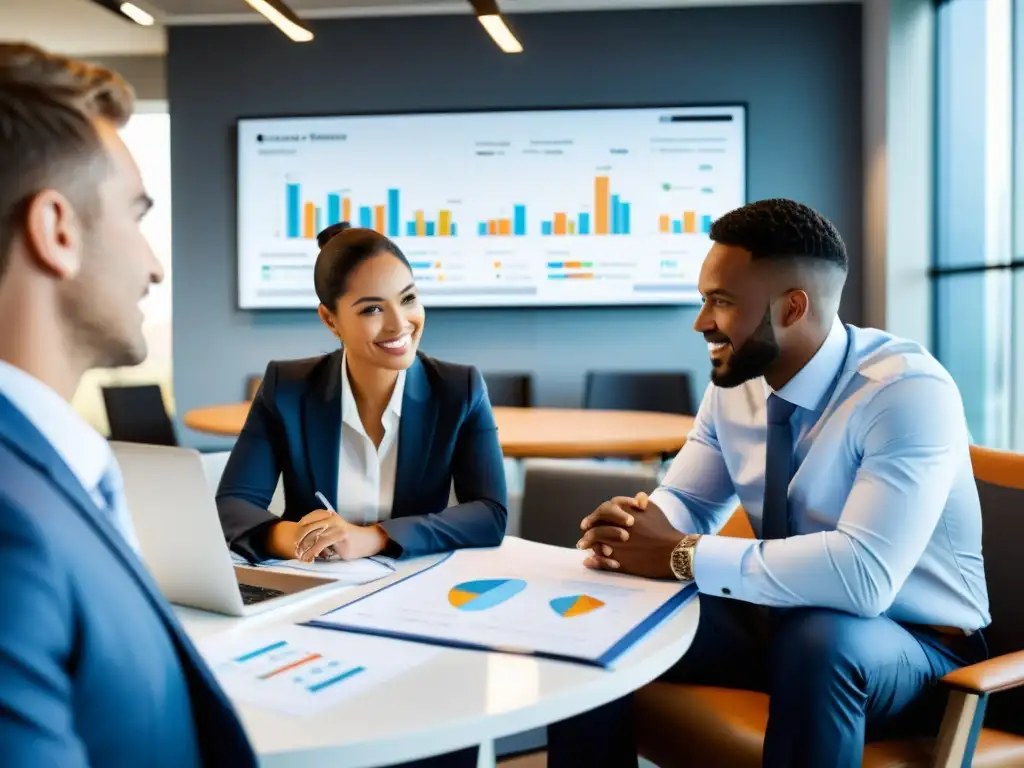 Equipo de consultores en discusión estratégica en la oficina moderna Un grupo de consultores y un empresario discuten estrategias en una oficina moderna