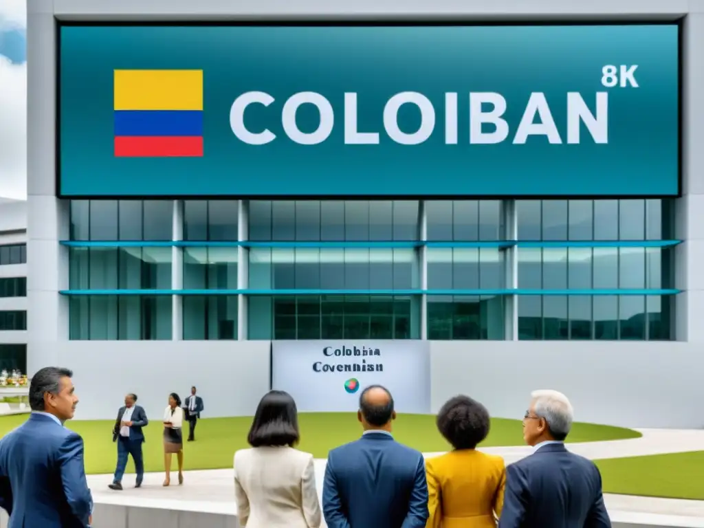 Contribuyentes colombianos frente a moderno edificio gubernamental Un grupo diverso de contribuyentes colombianos interactúa con funcionarios gubernamentales frente a un moderno edificio público