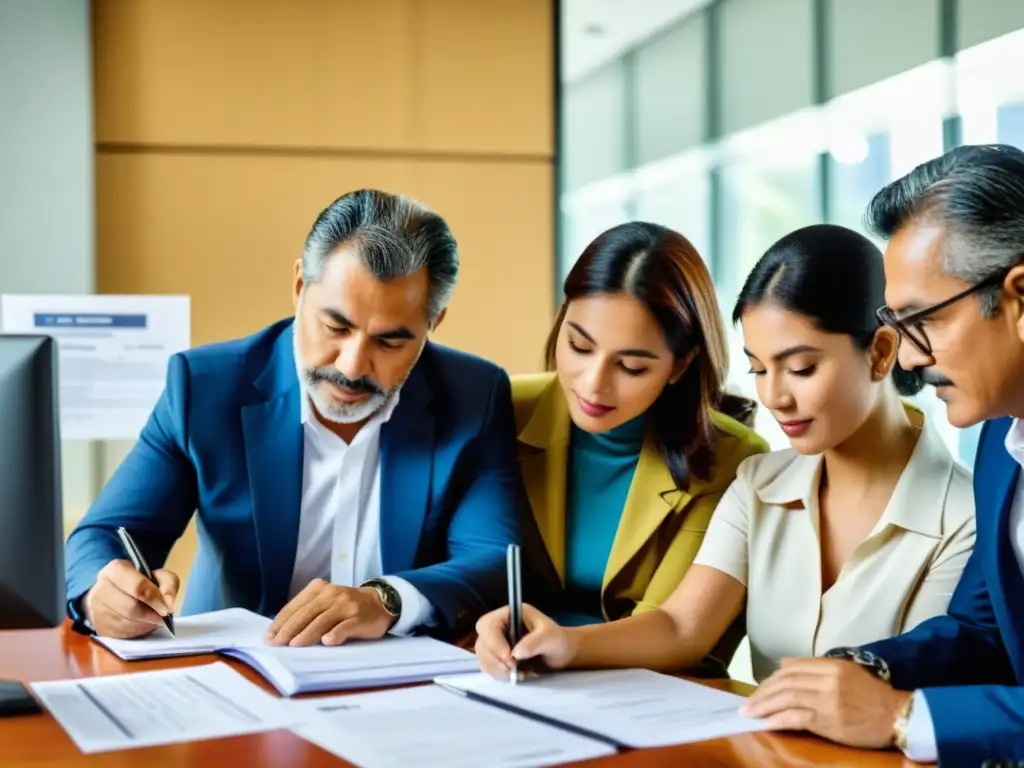 Profesionales colombianos completando formularios de impuestos Un grupo diverso de contribuyentes colombianos llena formularios de impuestos en una oficina moderna y luminosa