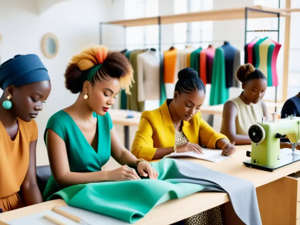 Diseñadores de moda colaborando en un atelier sostenible Un grupo diverso de diseñadores y artesanos de moda colaboran en un moderno taller, creando prendas sostenibles con compromiso ético y vibrantes telas