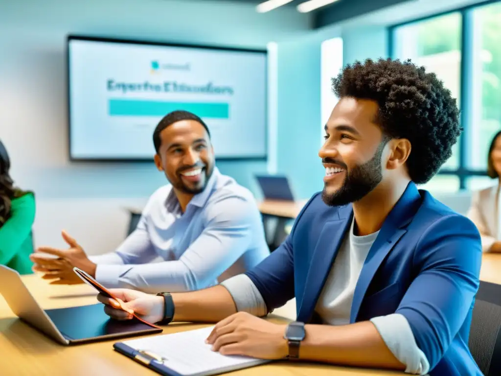 Emprendedores aprendiendo fiscalidad: ambiente profesional y colaborativo Un grupo diverso de emprendedores participa en un animado debate en un aula contemporánea, llena de tecnología y recursos educativos