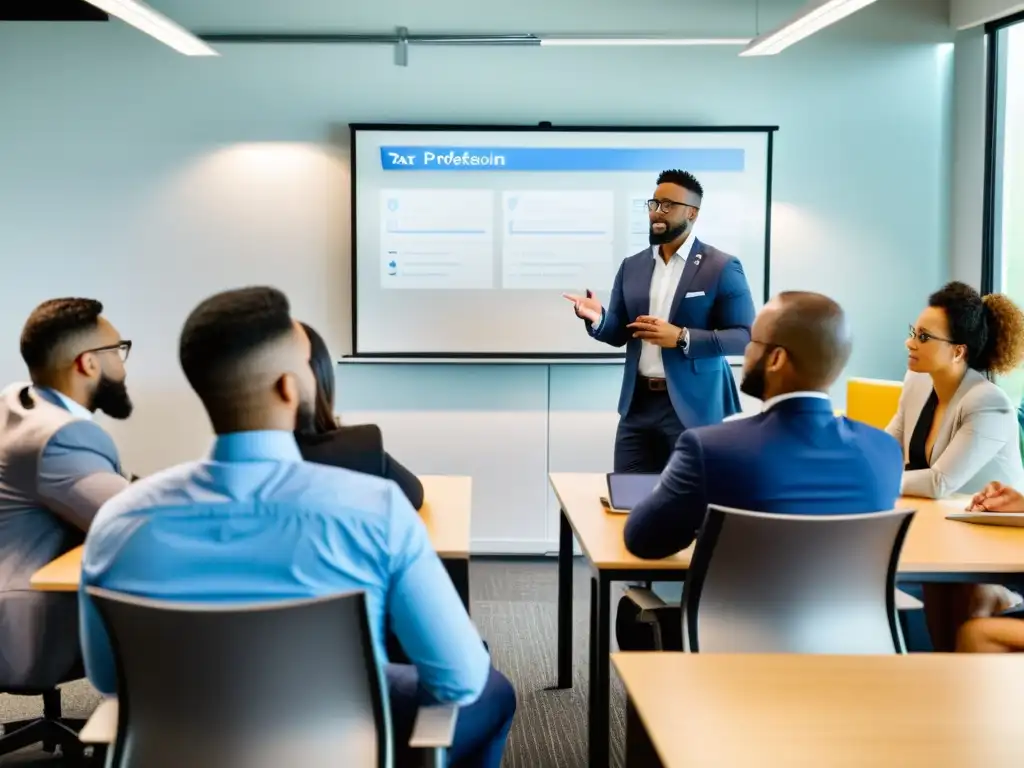 Emprendedores atentos aprendiendo sobre impuestos Grupo diverso de emprendedores atentos en un aula moderna, recibiendo cursos de fiscalidad para emprendedores