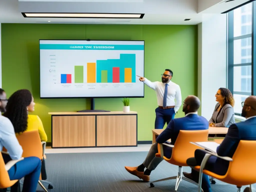 Clase de impuestos para emprendedores: aprendizaje dinámico Grupo diverso de emprendedores aprendiendo en un aula moderna sobre fiscalidad con instructor experto
