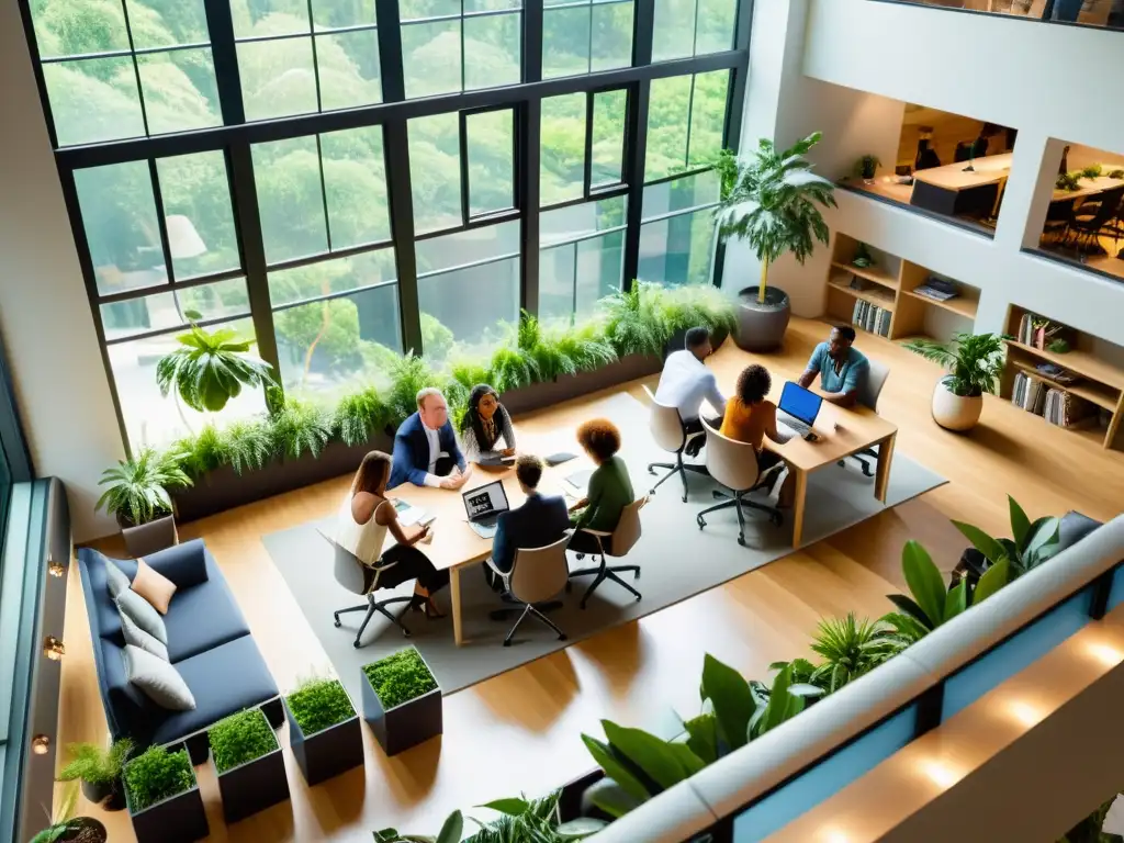Emprendedores innovadores en espacio colaborativo Un grupo diverso de emprendedores colabora en un espacio de coworking moderno y soleado, rodeado de grandes ventanas y exuberante vegetación