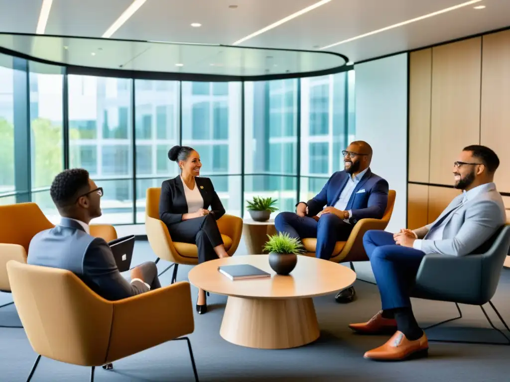 Diversidad Empresarial: Diálogo Fiscal en Aula Moderna Un grupo diverso de emprendedores discute fiscalidad en un aula moderna