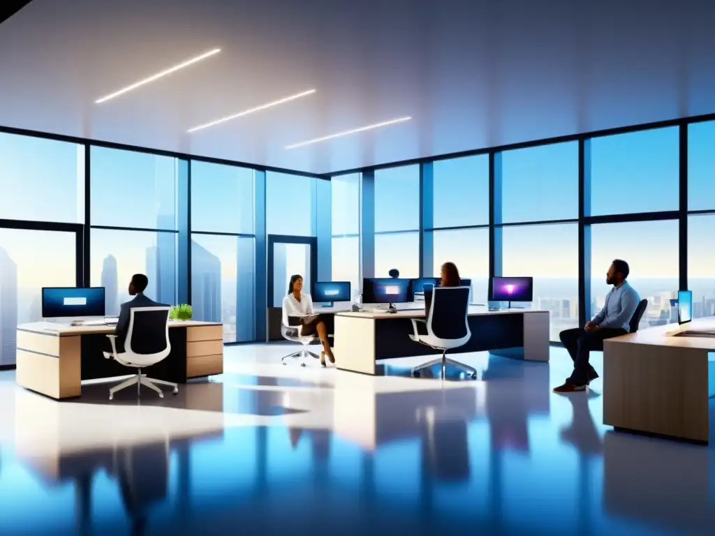 Emprendedores innovadores colaborando en oficina futurista Grupo diverso de emprendedores innovadores colaborando en una moderna oficina futurista