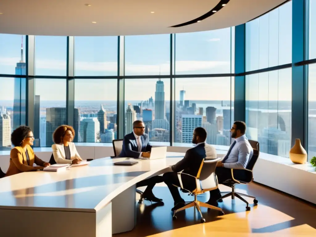 Emprendedores innovadores discuten estrategias fiscales Grupo diverso de emprendedores discuten animadamente en una moderna oficina con vista a la ciudad