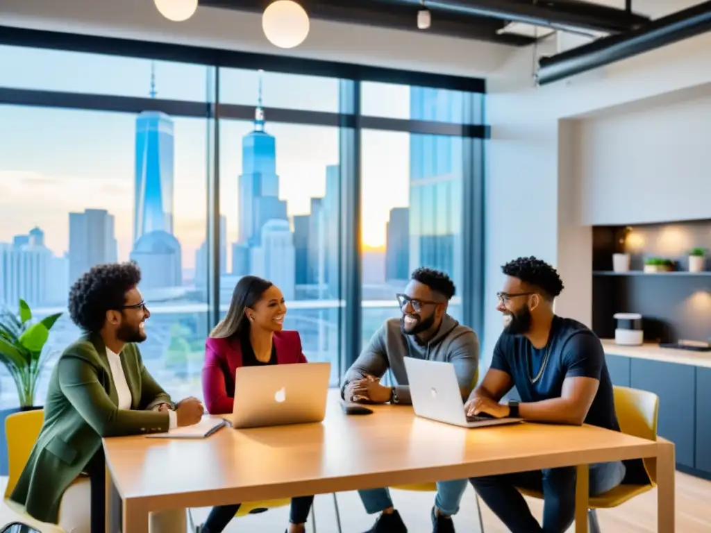 Emprendedores colaborativos en coworking moderno Grupo diverso de emprendedores colaborando en un moderno espacio de coworking