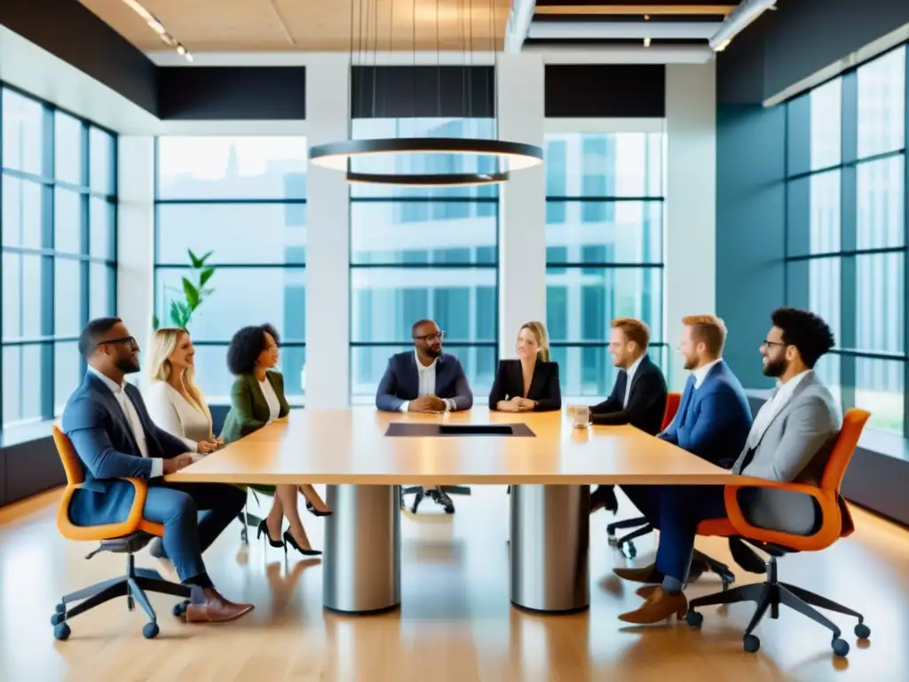 Innovación y colaboración: Emprendedores en acción Grupo diverso de emprendedores y profesionales en una animada reunión