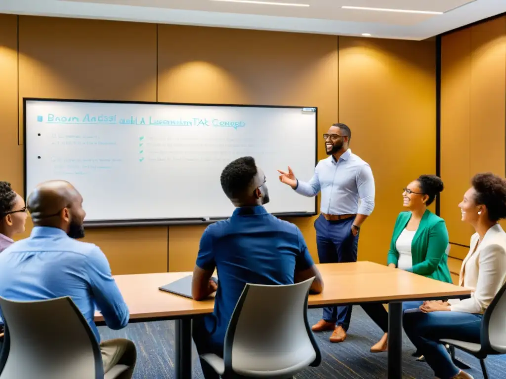 Clase de impuestos dinámica y colaborativa Grupo diverso de estudiantes adultos participando activamente en un aula moderna, mientras un instructor experto explica conceptos fiscales de manera clara y cautivadora