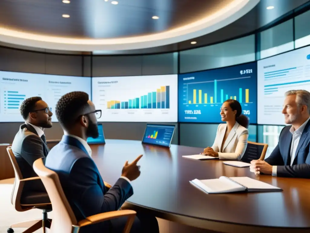 Expertos financieros diseñando estrategias fiscales Un grupo diverso de expertos financieros discute estrategias legales para minimizar el impacto del impuesto sobre el patrimonio en una moderna sala de juntas