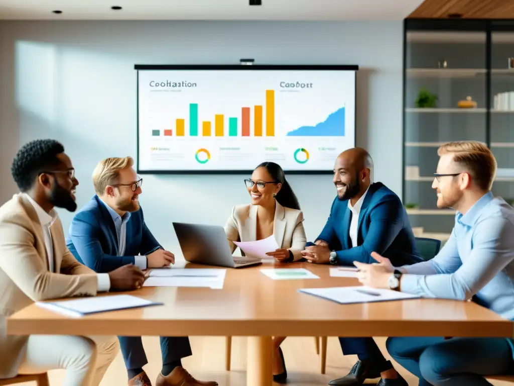 Reunión estratégica de fundadores y asesores financieros en acción Grupo diverso de fundadores y asesores financieros discuten intensamente planificación fiscal para startups