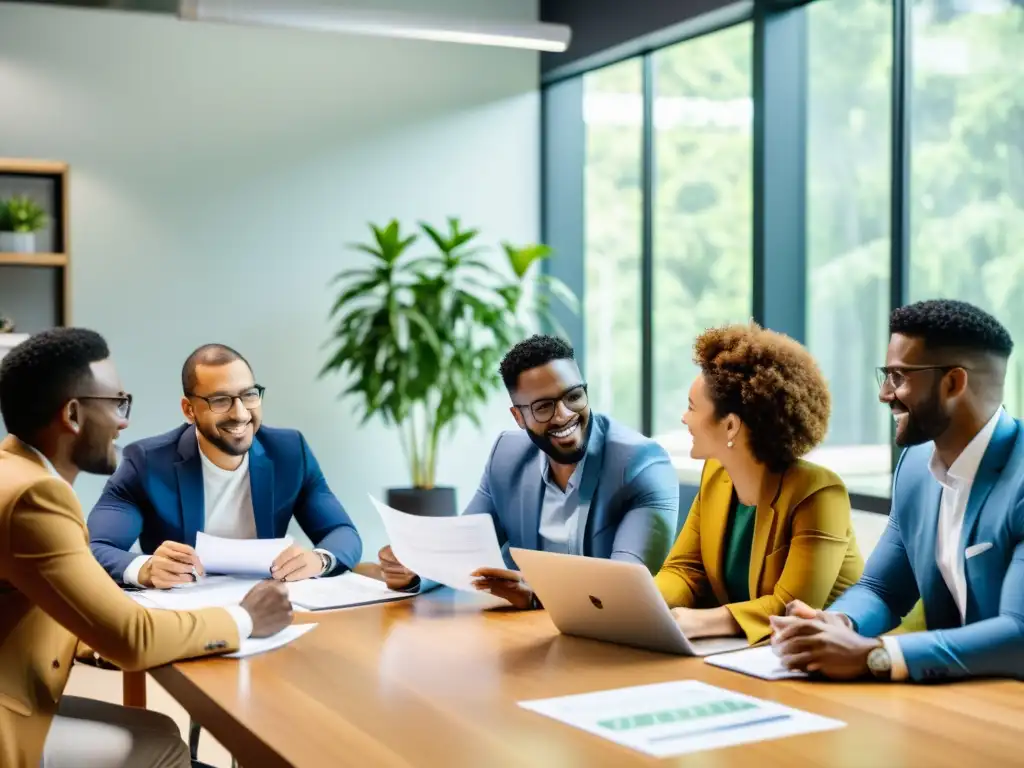 Emprendedores innovadores colaboran en oficina moderna Un grupo diverso de fundadores de startups revisa documentos financieros en una oficina moderna y luminosa
