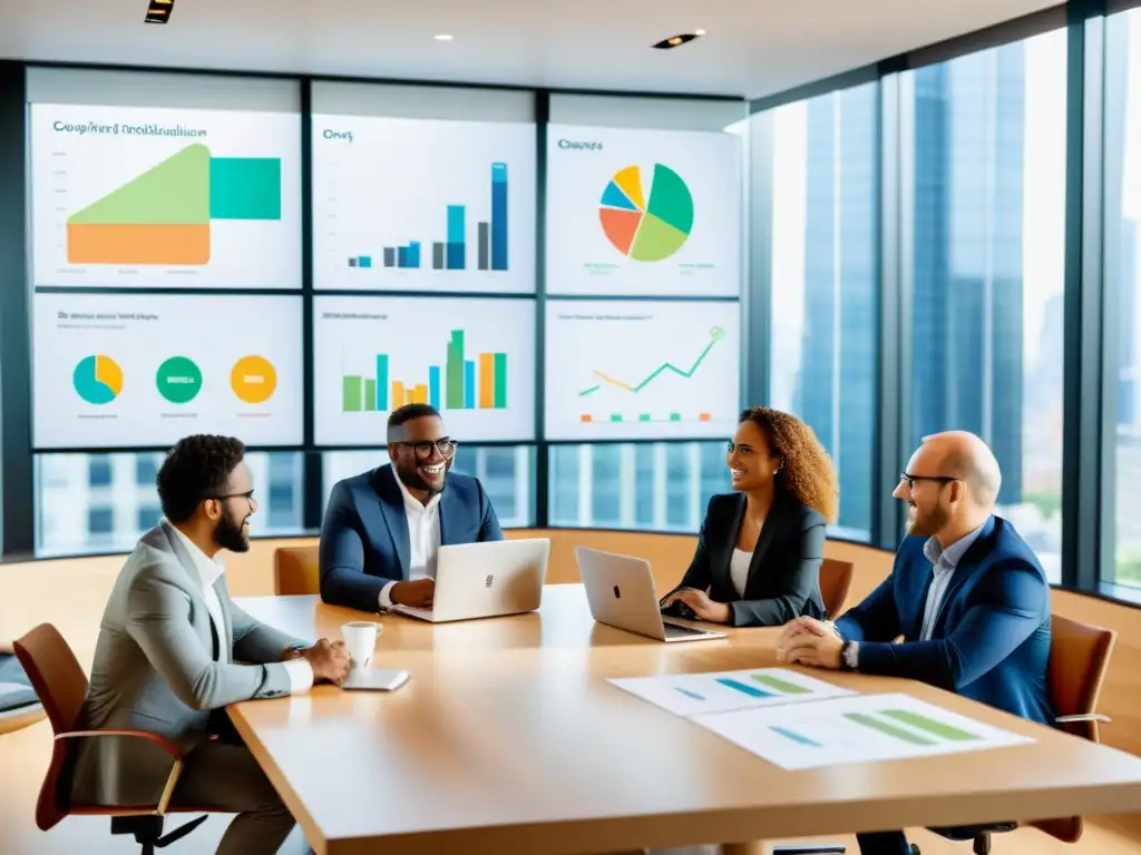 Conferencia de fundadores y consultores financieros Un grupo diverso de fundadores de startups y consultores financieros discuten estrategias en una oficina moderna y minimalista